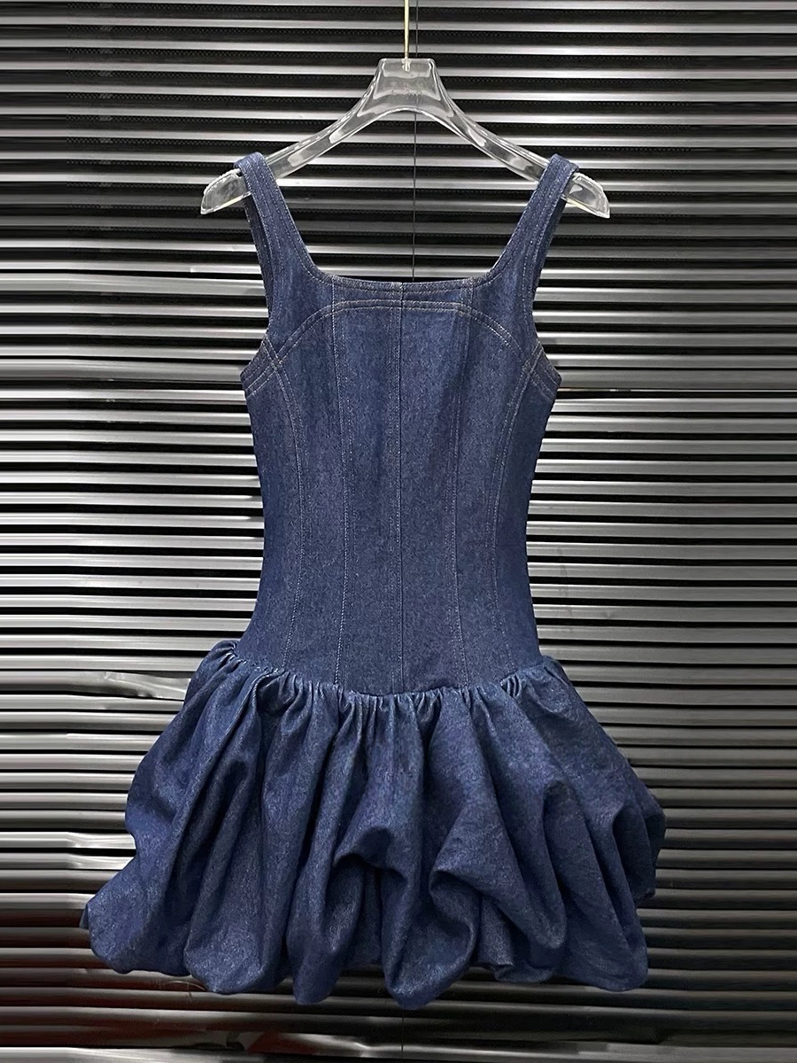 TWOTWINSTYLE Square Neck Corset Bodice Bubble Hem Fashion Denim Dress