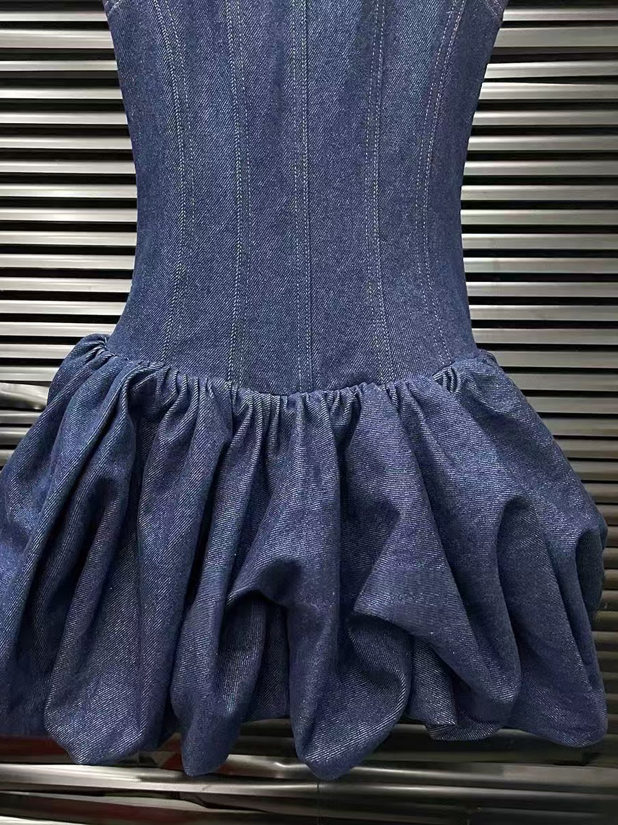 TWOTWINSTYLE Square Neck Corset Bodice Bubble Hem Fashion Denim Dress