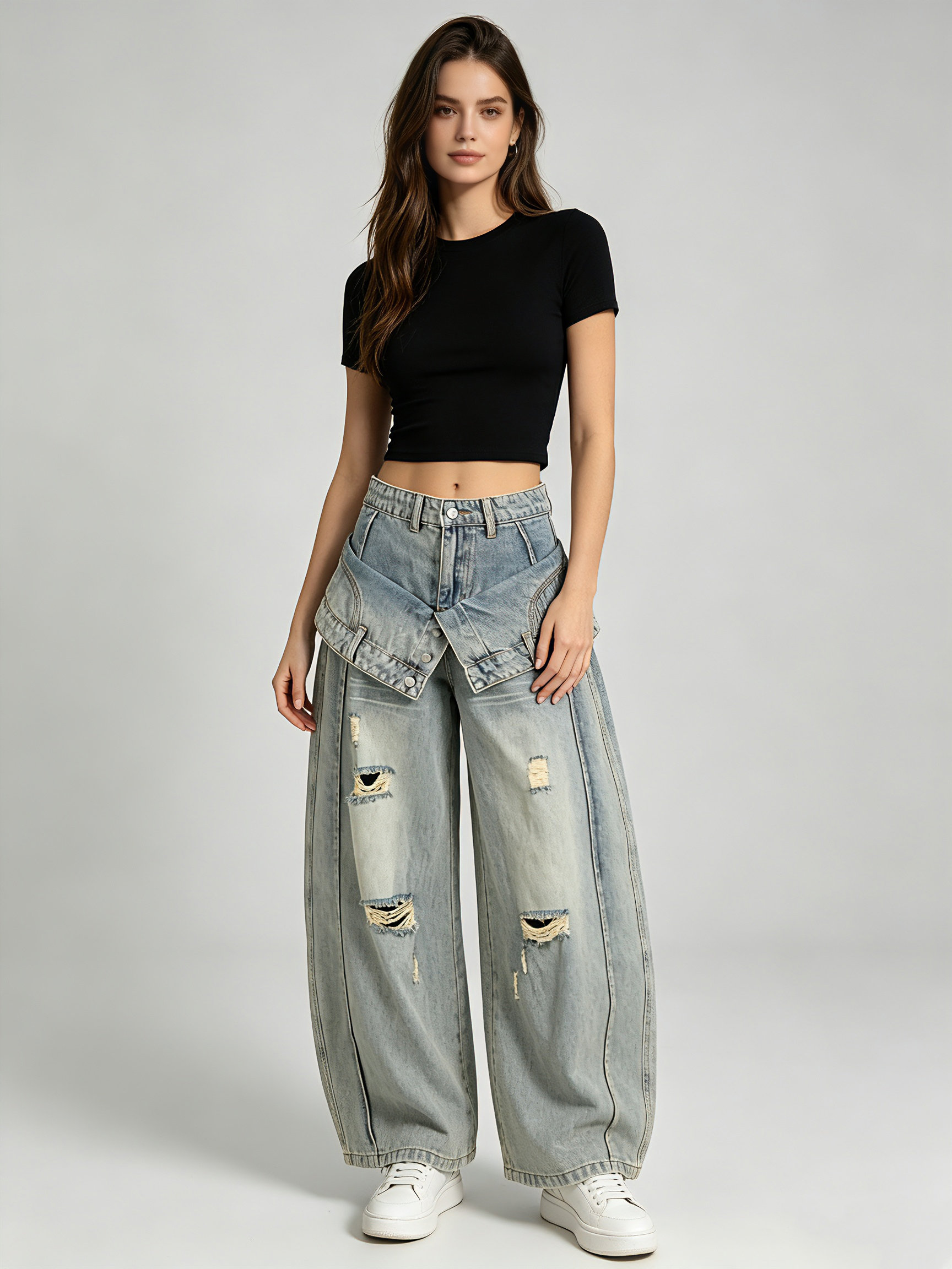 TWOTWINSTYLE Deconstructed Layer Waist Ripped Street Style Jeans