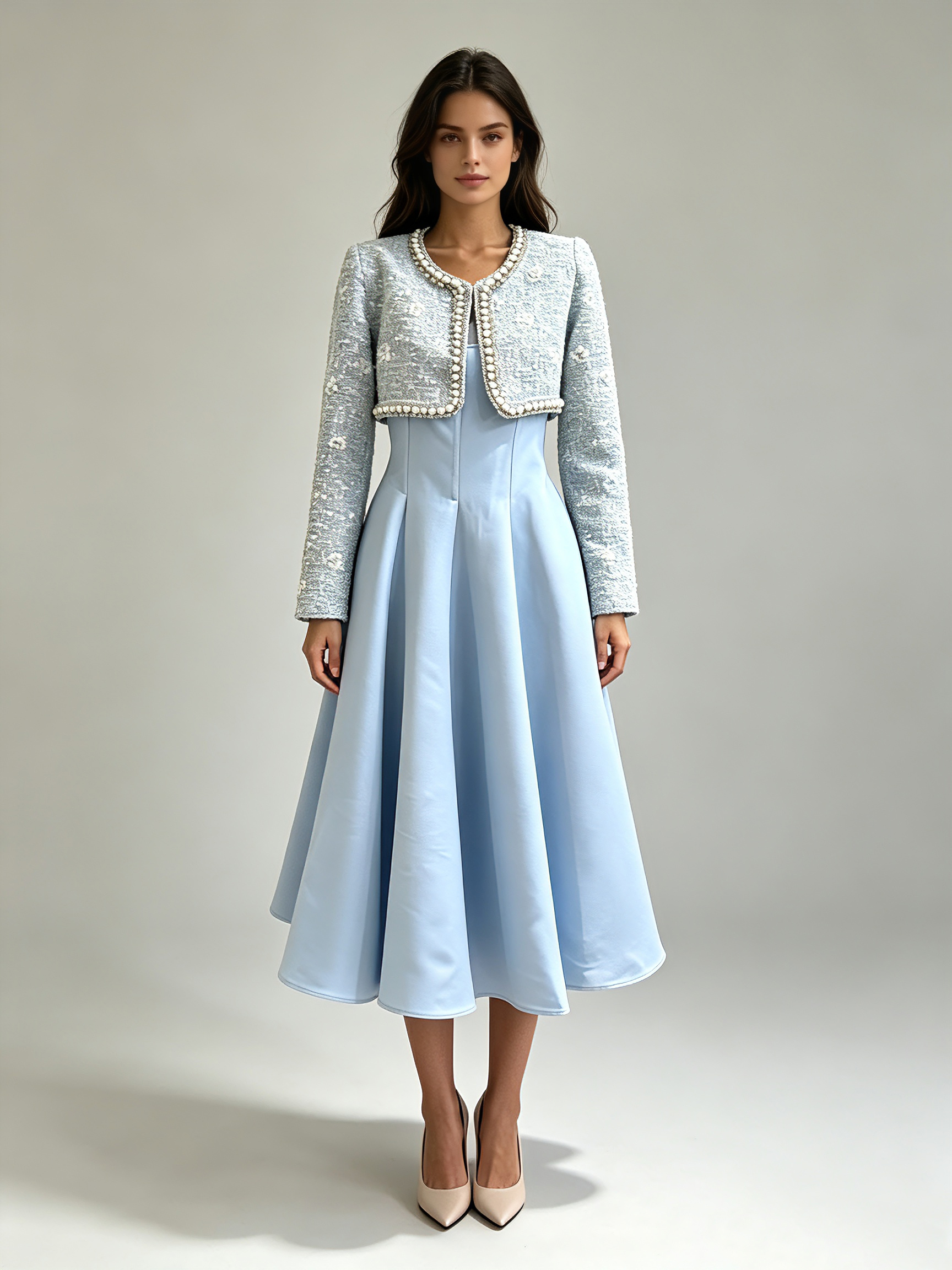 TWOTWINSTYLE Round Neck Long Sleeve Spliced Pearl Coat Square Neckline Tunic Dress Elegant Set