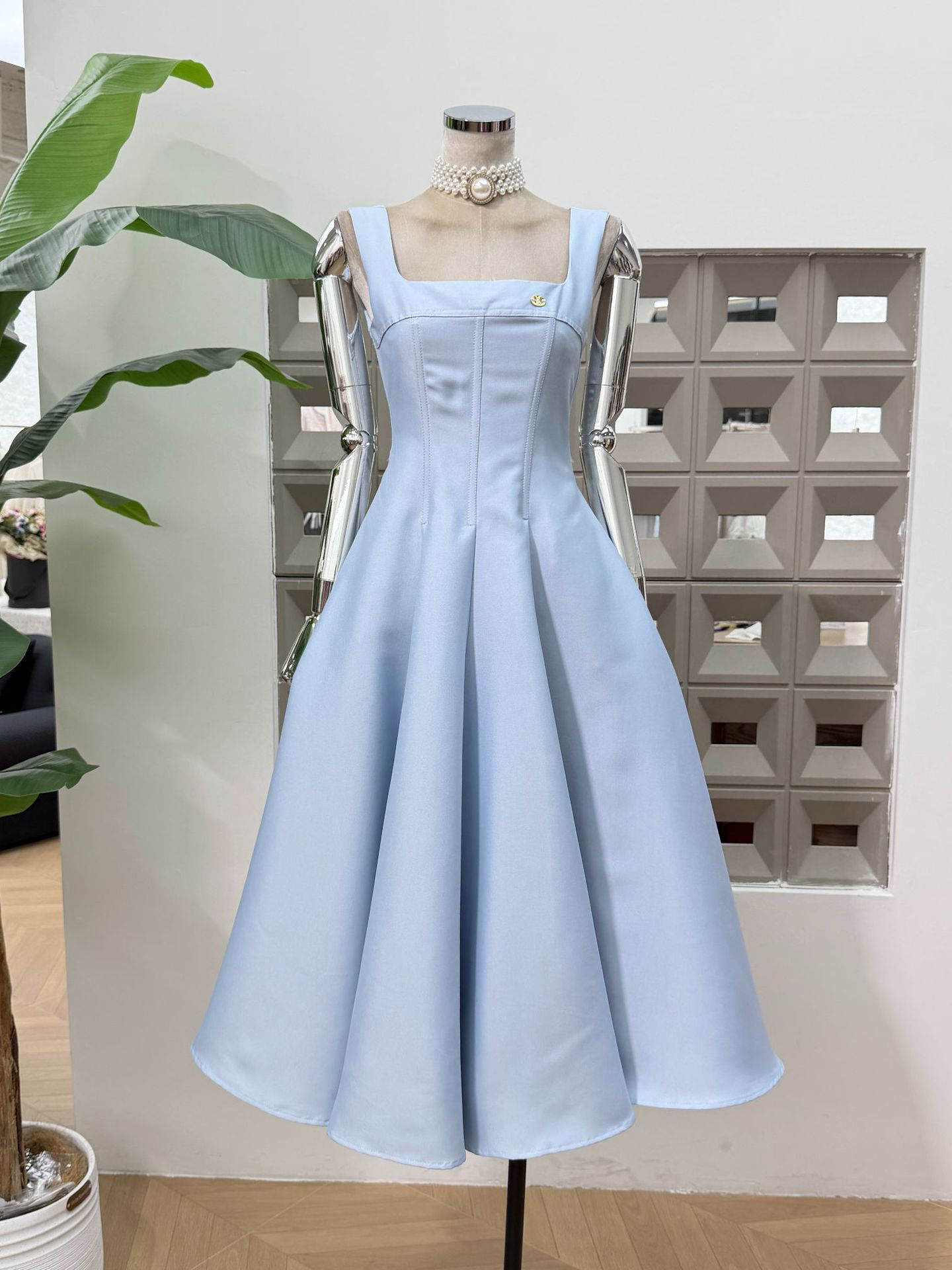 TWOTWINSTYLE Round Neck Long Sleeve Spliced Pearl Coat Square Neckline Tunic Dress Elegant Set