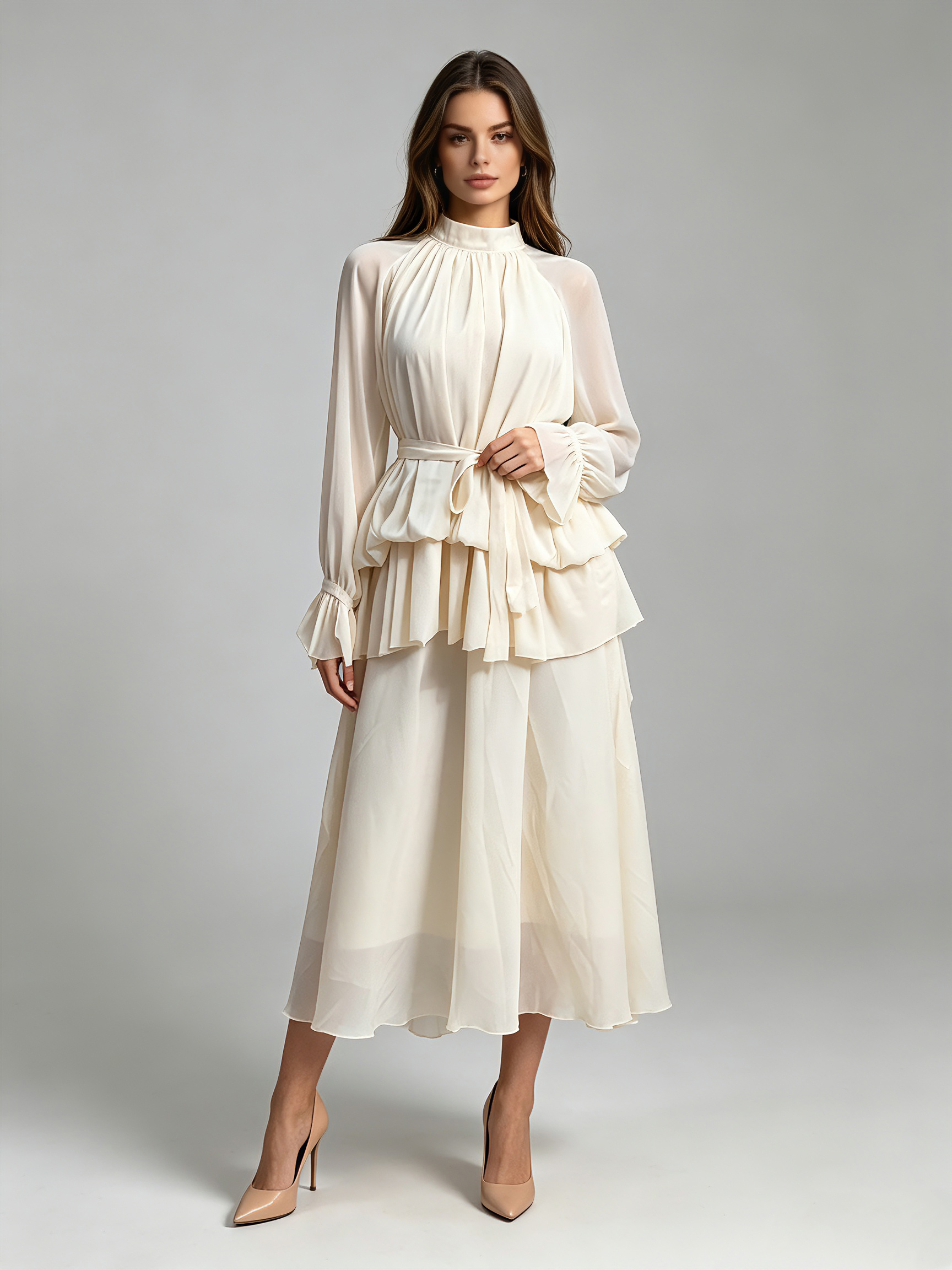TWOTWINSTYLE Stand Collar Bell Sleeve Tunic Minimalist Dress
