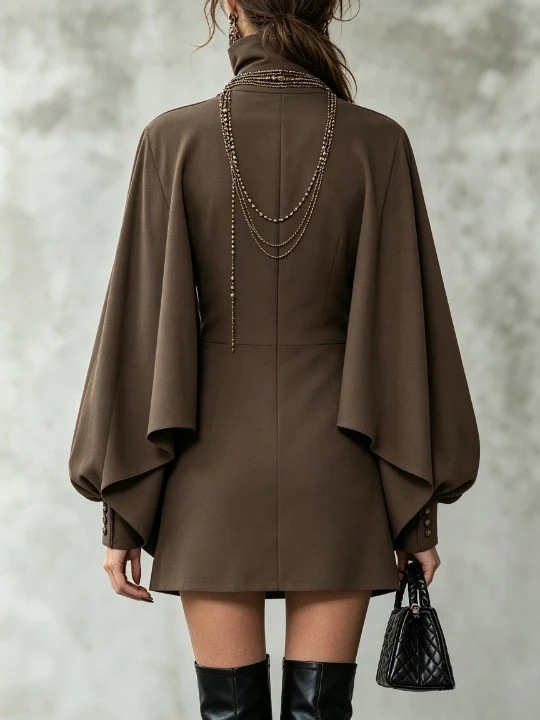 TWOTWINSTYLE Stand Collar Cape Sleeve Single Breasted Chic Dress