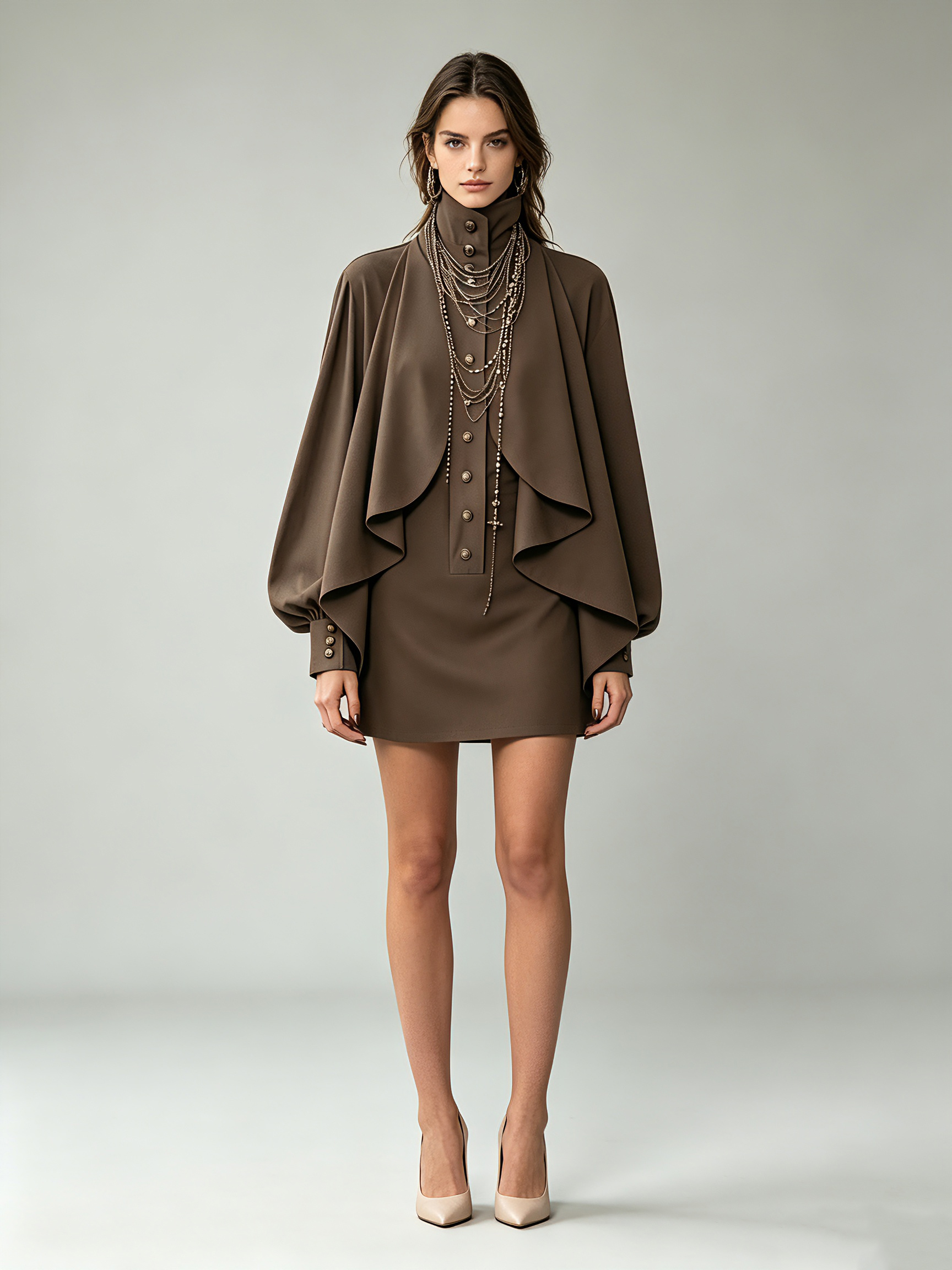 TWOTWINSTYLE Stand Collar Cape Sleeve Single Breasted Chic Dress