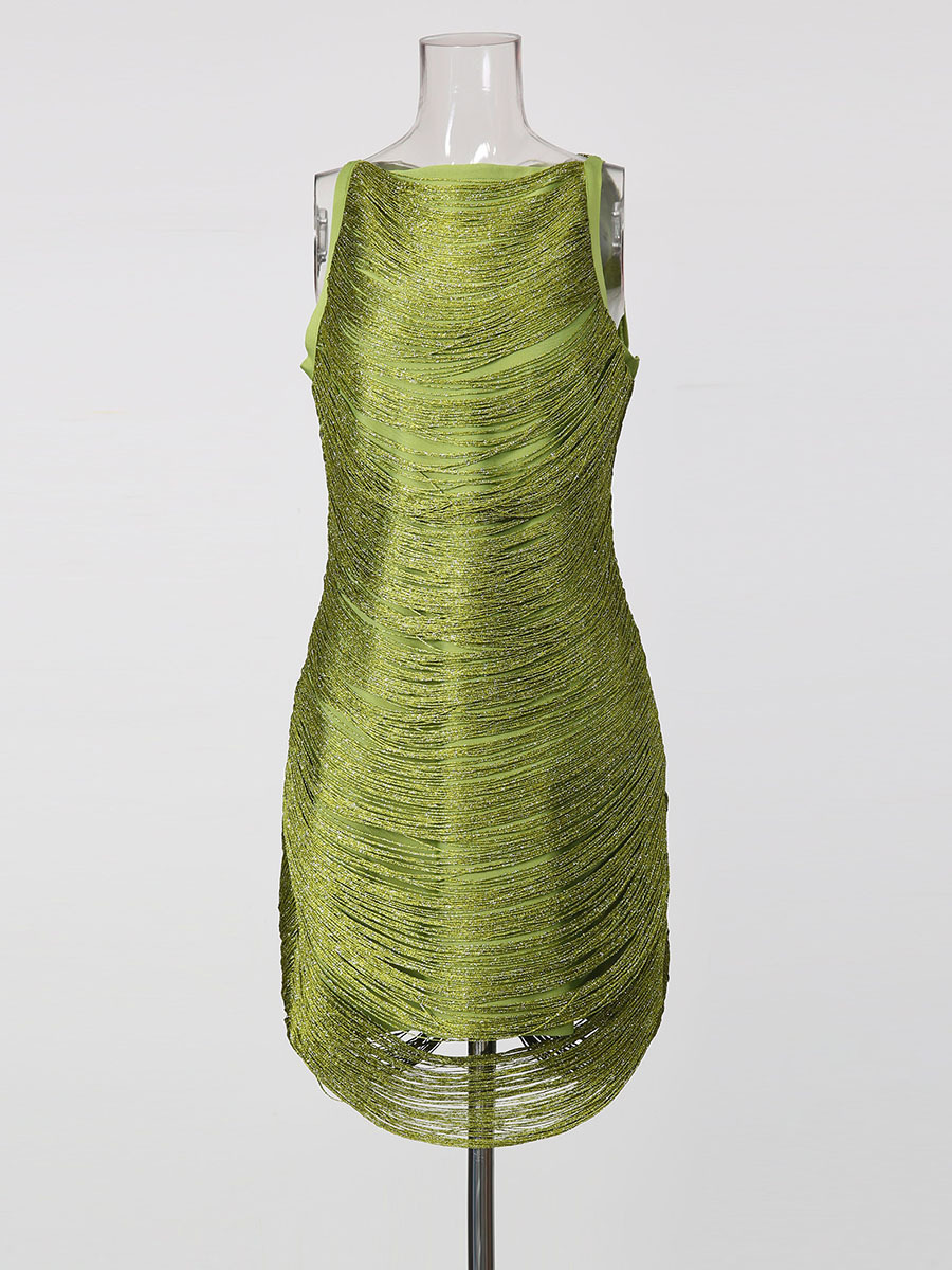 TWOTWINSTYLE Round Neck Sleeveles Spliced Tassel Vintage Dress