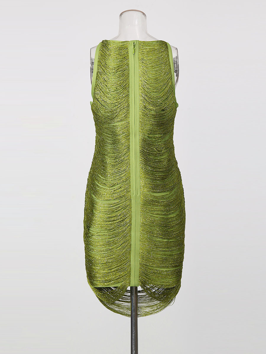 TWOTWINSTYLE Round Neck Sleeveles Spliced Tassel Vintage Dress