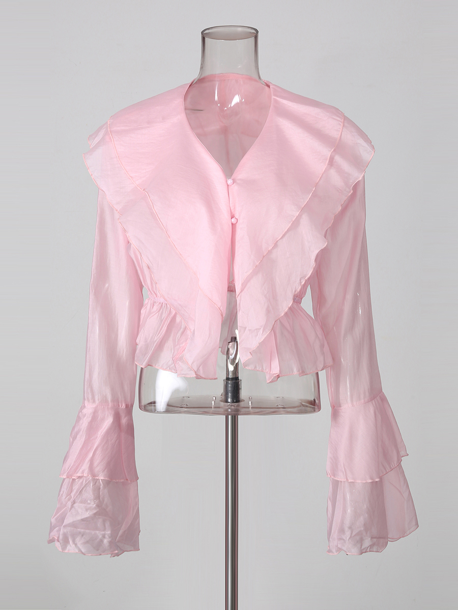 TWOTWINSTYLE V Neck Bell Sleeve Patchwork Ruffles Chic Shirt