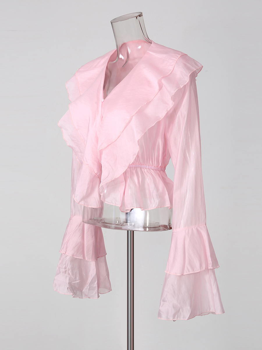 TWOTWINSTYLE V Neck Bell Sleeve Patchwork Ruffles Chic Shirt