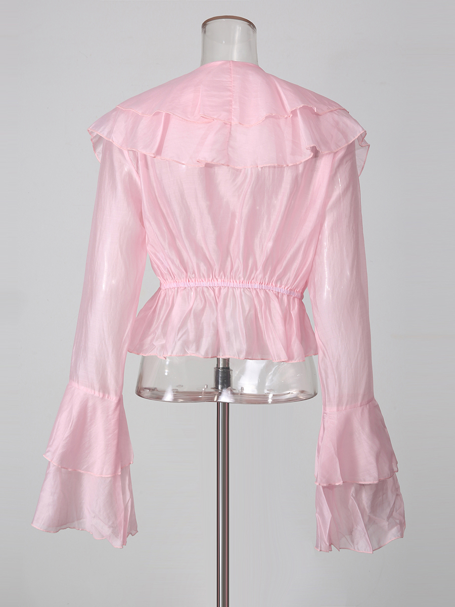 TWOTWINSTYLE V Neck Bell Sleeve Patchwork Ruffles Chic Shirt