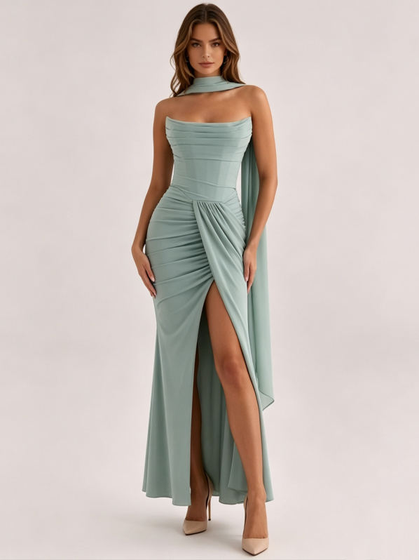 TWOTWINSTYLE Off Shoulder Tunic Side Split Pleated Elegant Dress