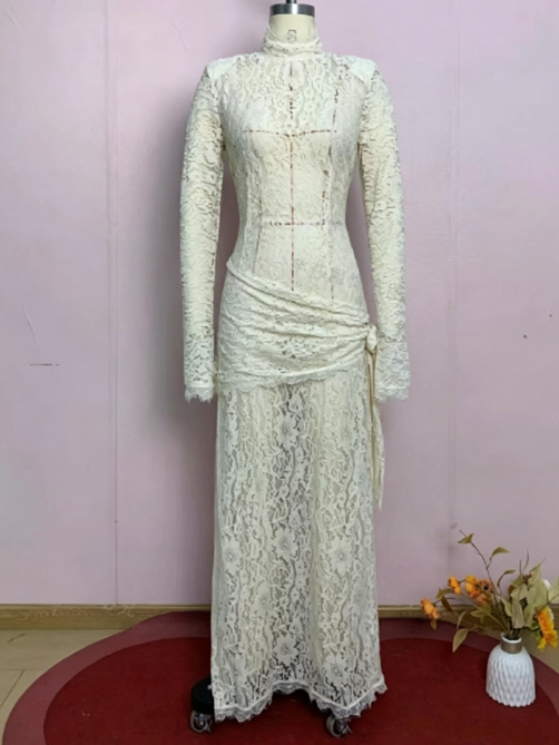 TWOTWINSTYLE Solid Stand Collar Long Sleeve Lace Chic Maxi Dress