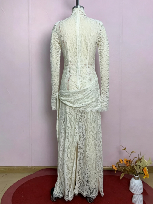 TWOTWINSTYLE Solid Stand Collar Long Sleeve Lace Chic Maxi Dress