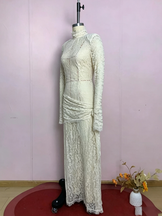 TWOTWINSTYLE Solid Stand Collar Long Sleeve Lace Chic Maxi Dress