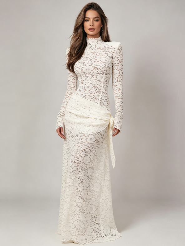 TWOTWINSTYLE Solid Stand Collar Long Sleeve Lace Chic Maxi Dress