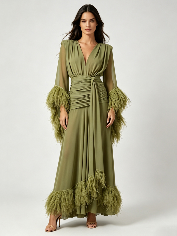 TWOTWINSTYLE V Neck Patchwork Fur High Waist Lace Up Design Dress