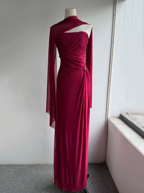 TWOTWINSTYLE Off Shoulder Pleated Spliced Metal Design Dress