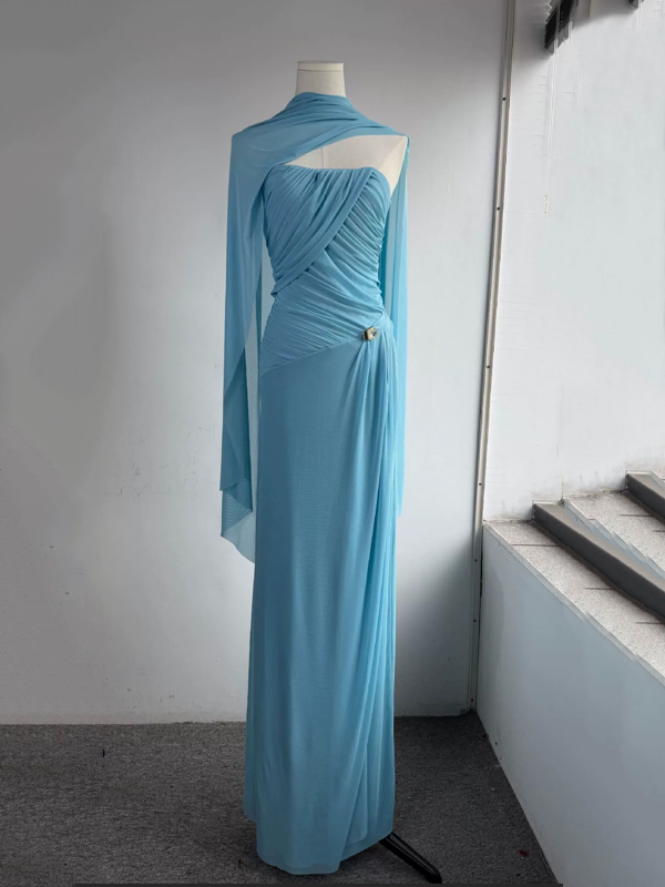 TWOTWINSTYLE Off Shoulder Pleated Spliced Metal Design Dress