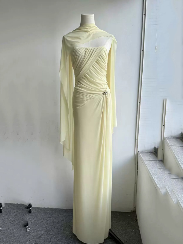 TWOTWINSTYLE Off Shoulder Pleated Spliced Metal Design Dress