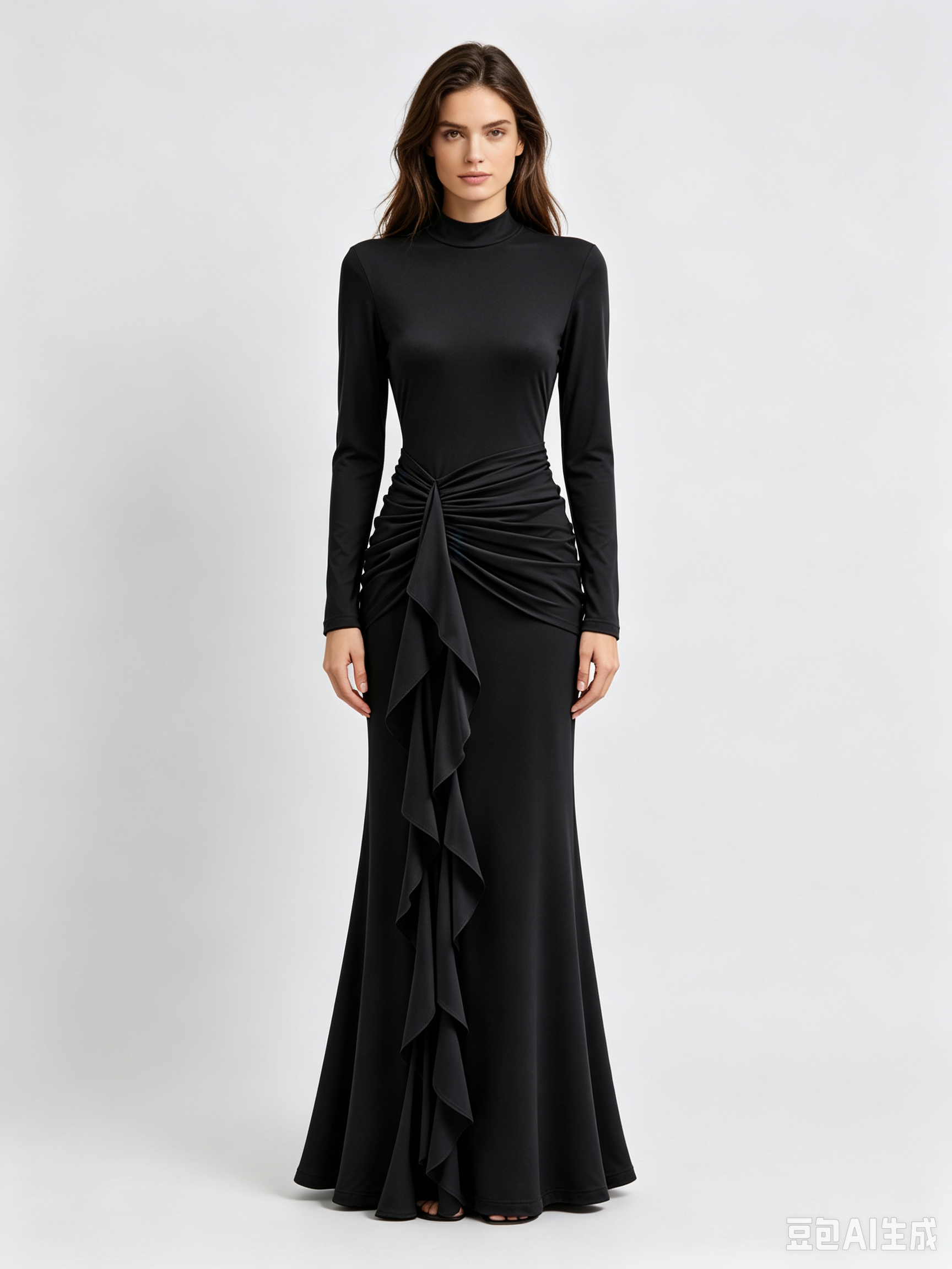 TWOTWINSTYLE Stand Collar Long Sleeve Ruched Pleated Elegant Dress