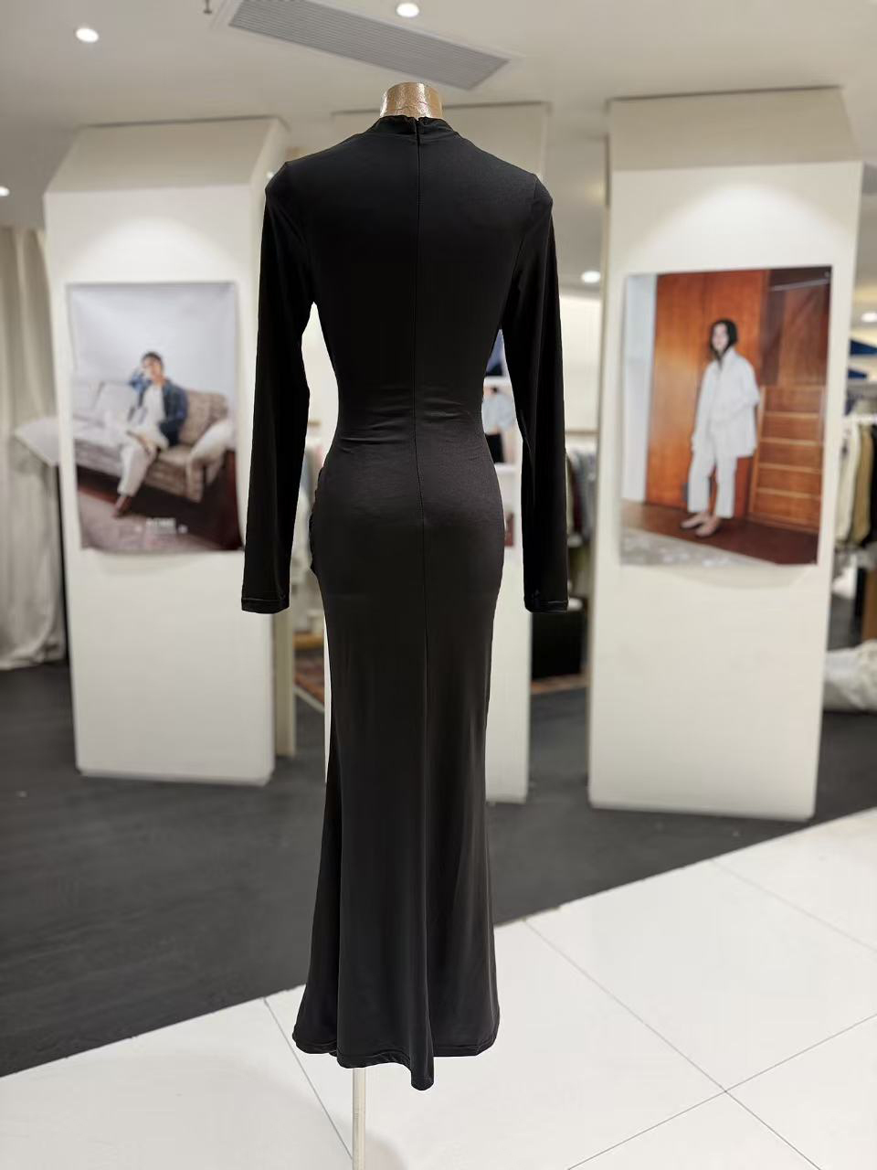 TWOTWINSTYLE Stand Collar Long Sleeve Ruched Pleated Elegant Dress