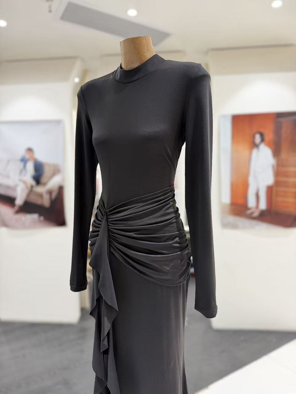 TWOTWINSTYLE Stand Collar Long Sleeve Ruched Pleated Elegant Dress