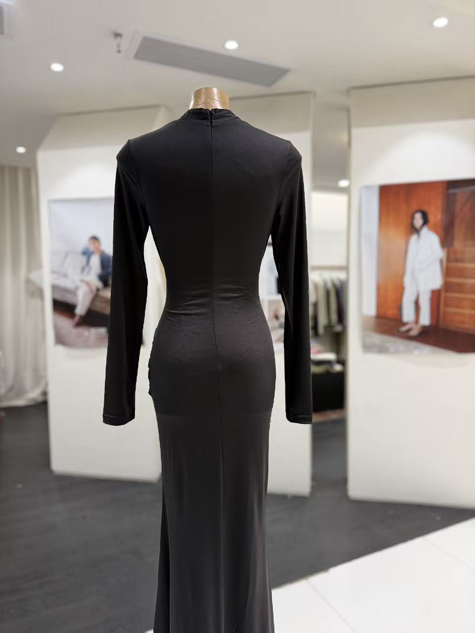 TWOTWINSTYLE Stand Collar Long Sleeve Ruched Pleated Elegant Dress