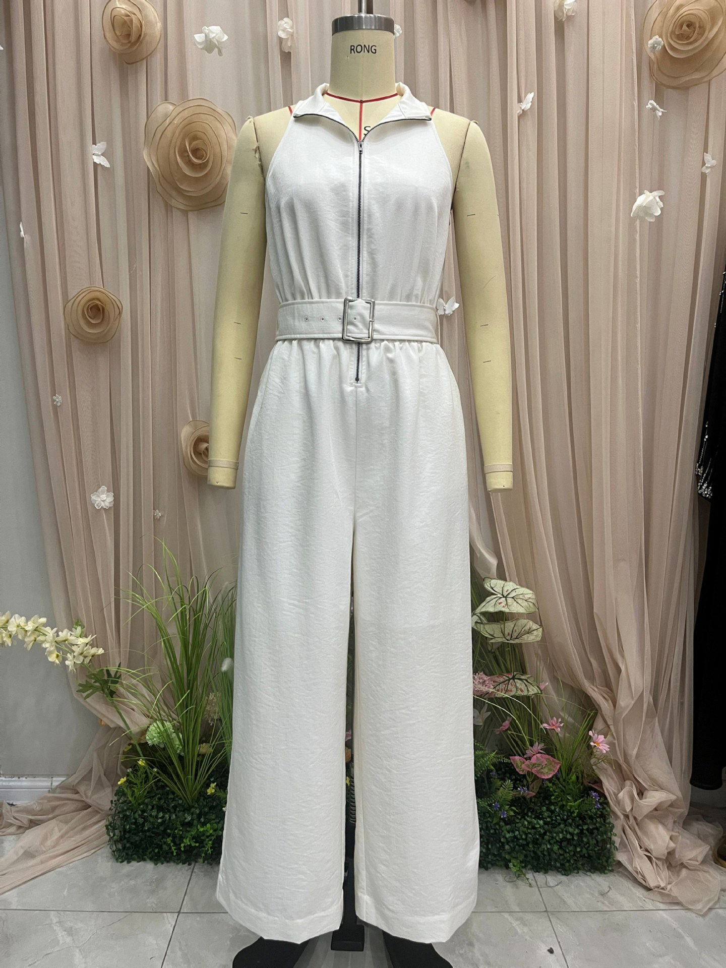 TWOTWINSTYLE Patchwork Zipper Sleeveless Tunic Belt Casual Jumpsuit