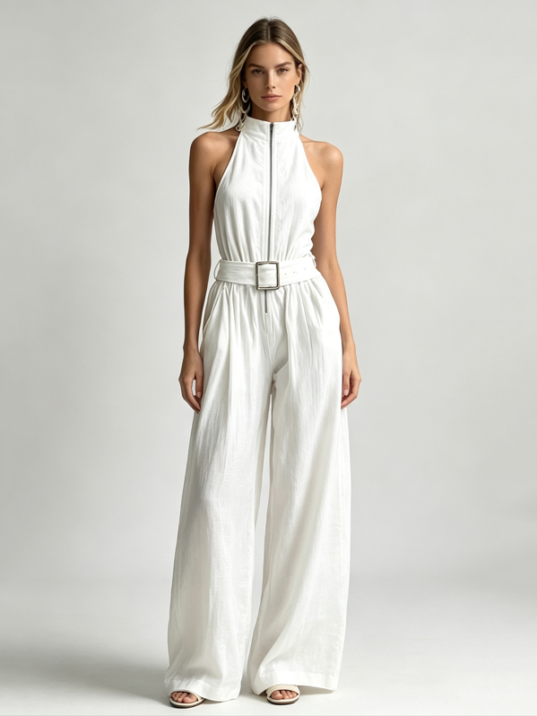 TWOTWINSTYLE Patchwork Zipper Sleeveless Tunic Belt Casual Jumpsuit