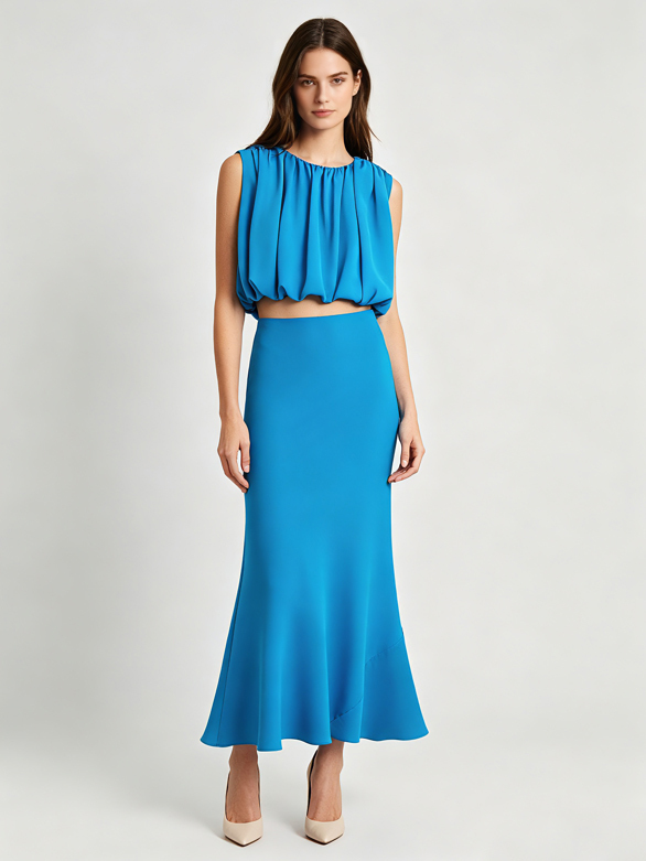 TWOTWINSTYLE Sleeveless Round Neck Crop Top High Waist Skirt Design Dress