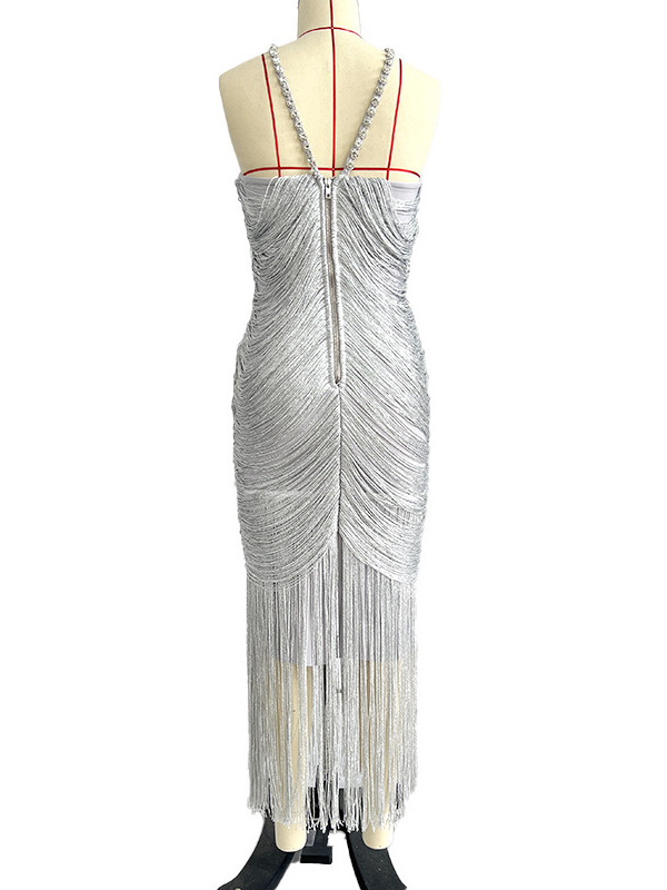 TWOTWINSTYLE Off Shoulder Spliced Diamond Tassel Tunic Sexy Dress