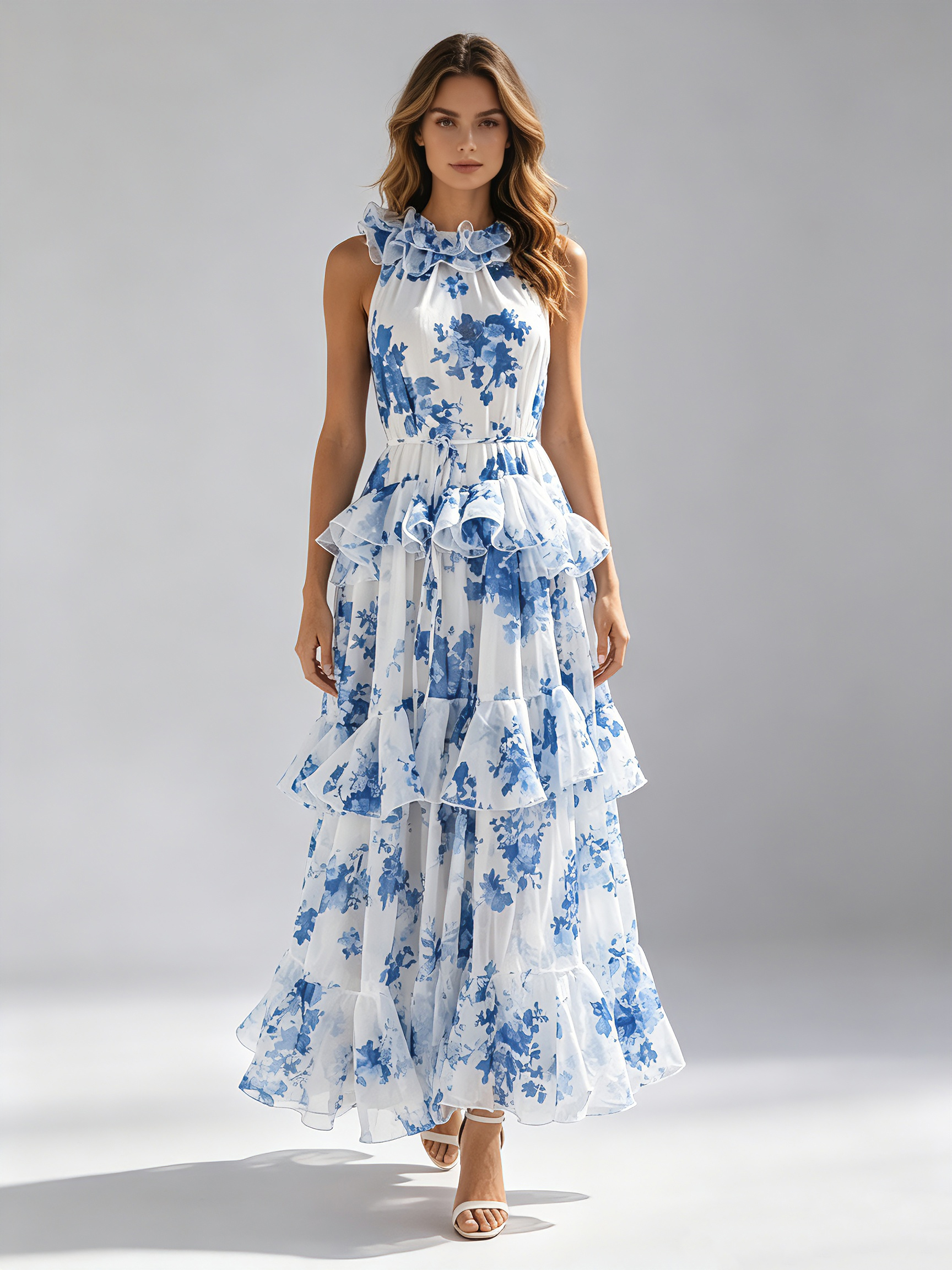 TWOTWINSTYLE Sleeveless Spliced Ruffles Tunic Patchwork Print Design Dress