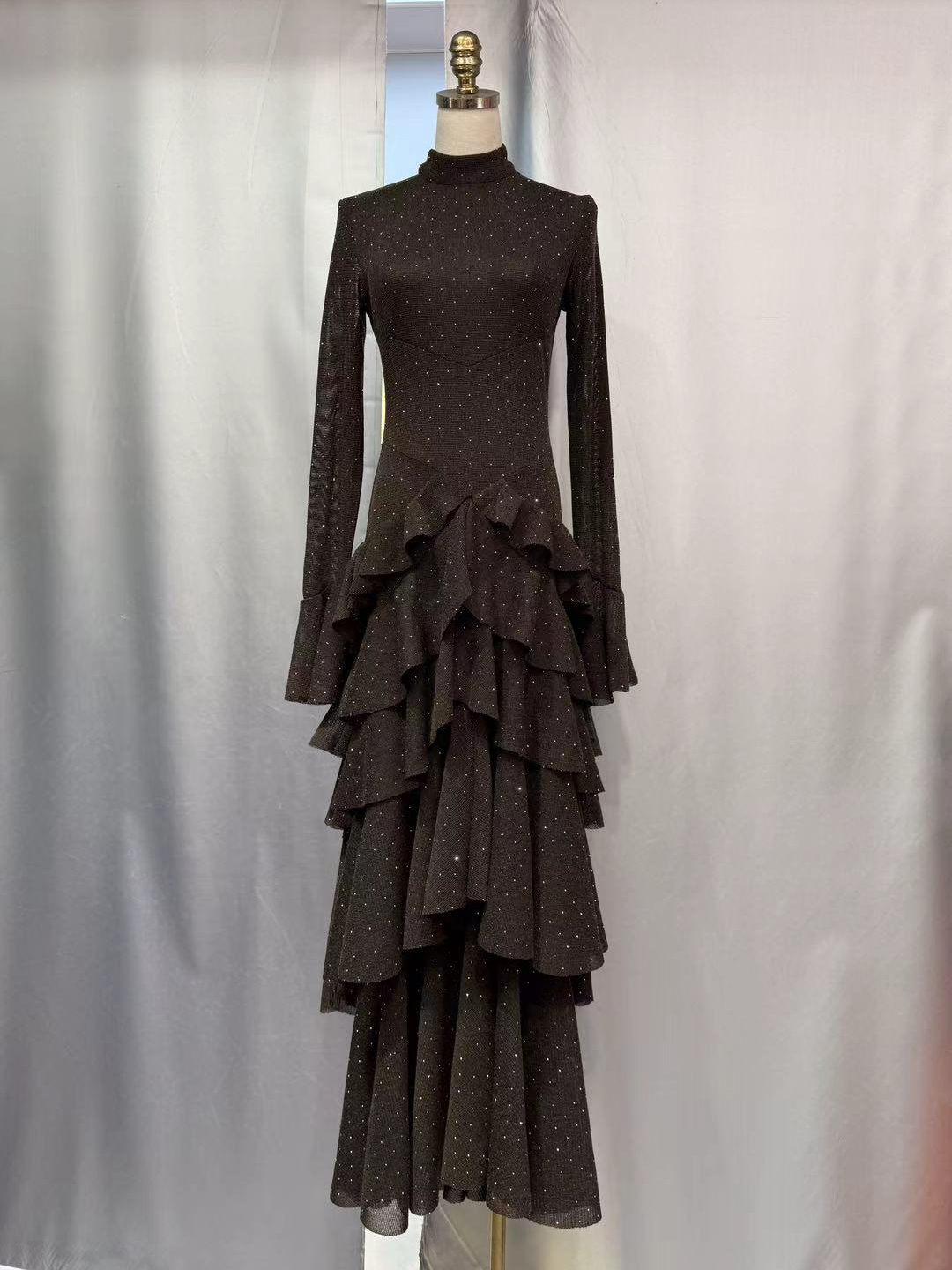 TWOTWINSTYLE Stand Collar Spliced Wave Point Ruffles Vintage Dress