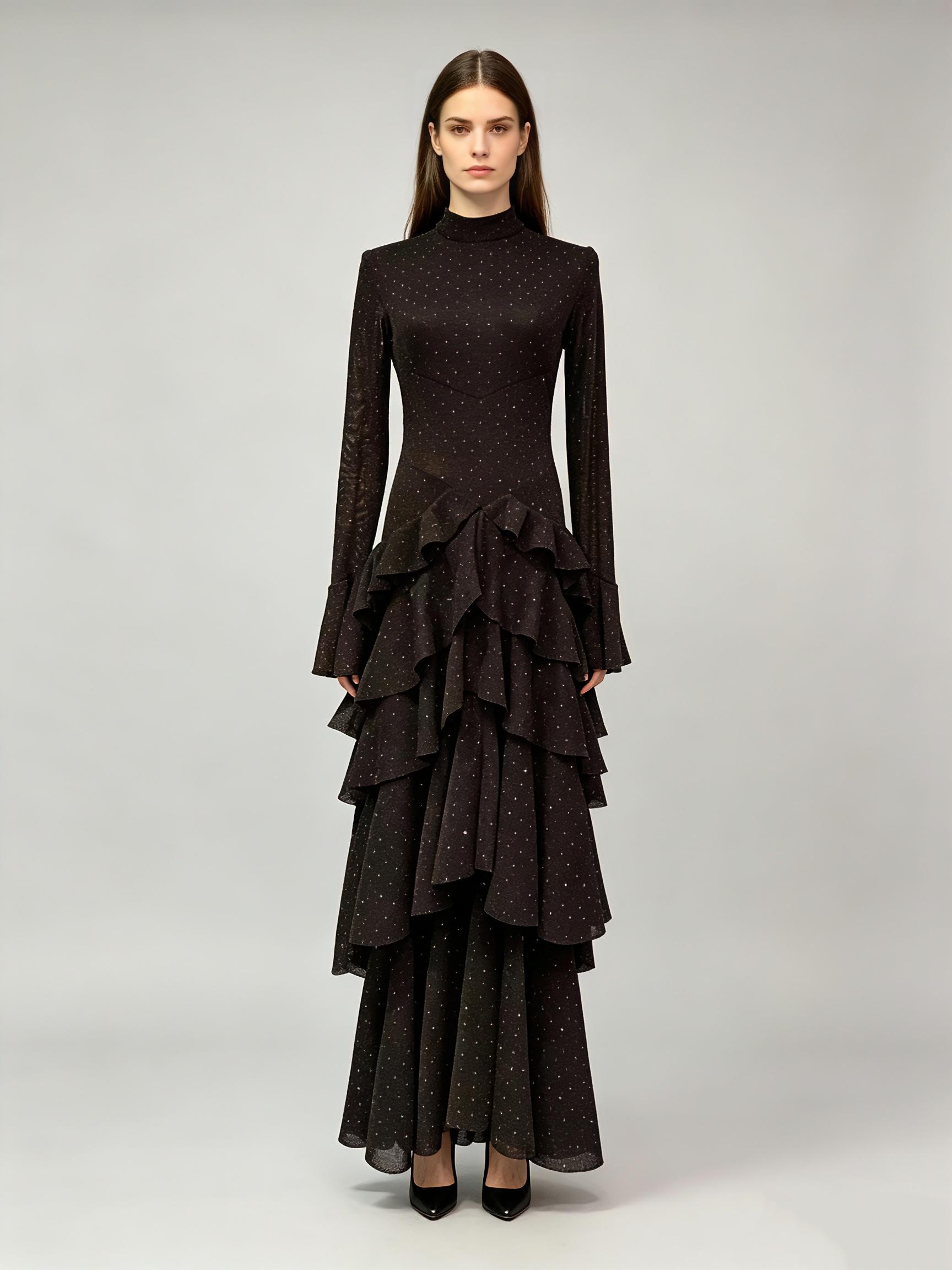 TWOTWINSTYLE Stand Collar Spliced Wave Point Ruffles Vintage Dress