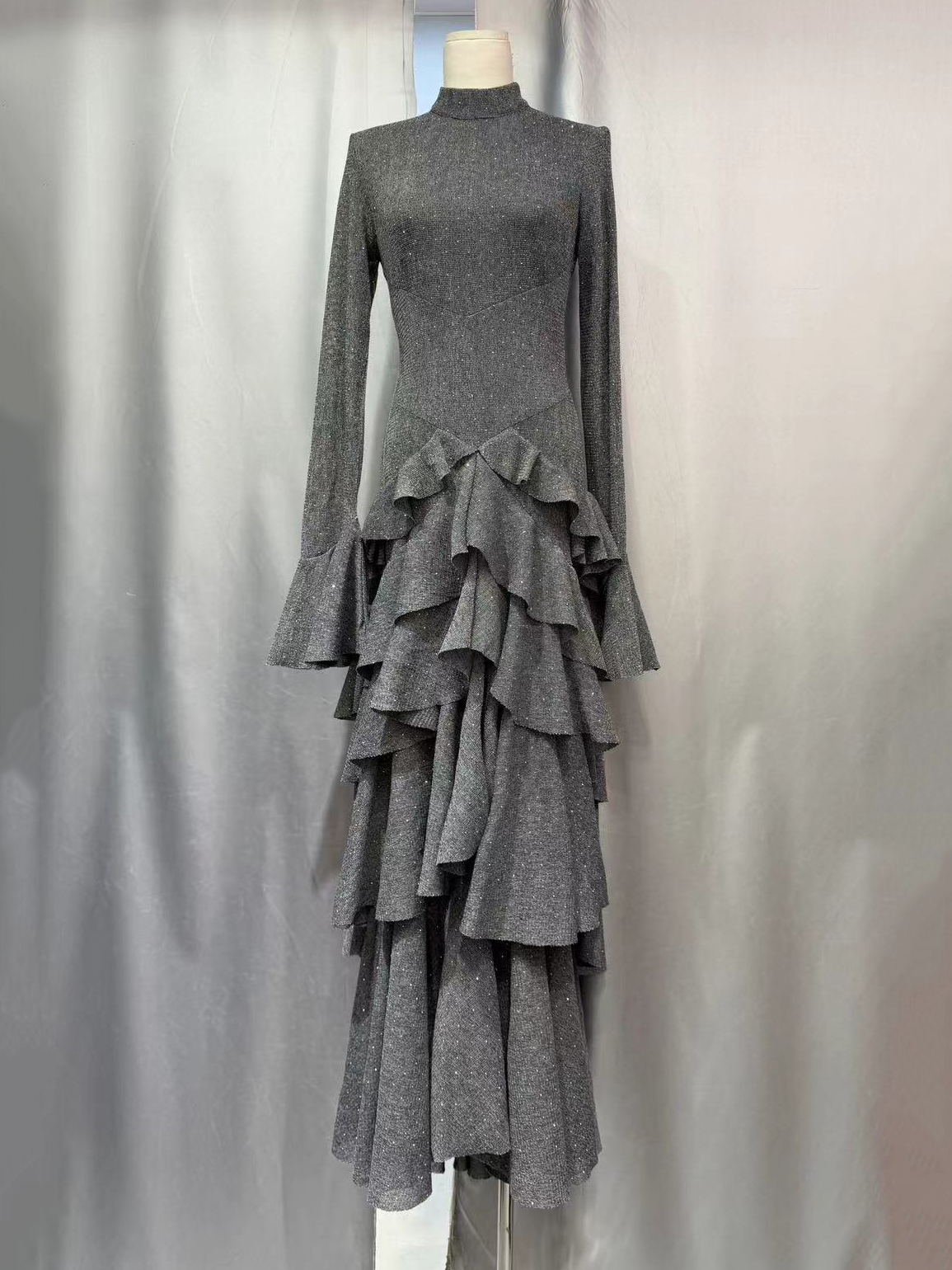 TWOTWINSTYLE Stand Collar Spliced Wave Point Ruffles Vintage Dress