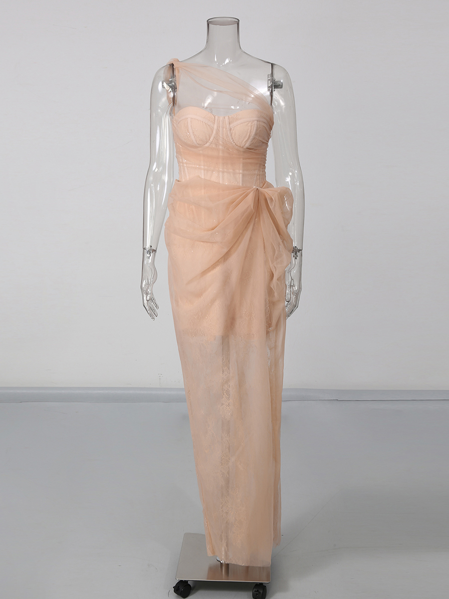 TWOTWINSTYLE Off One Shoulder Side Split Spliced Lace Sexy Dress