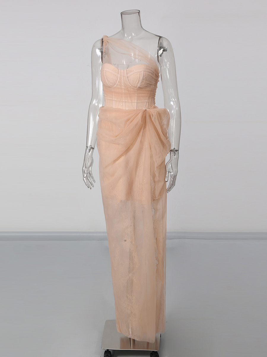 TWOTWINSTYLE Off One Shoulder Side Split Spliced Lace Sexy Dress