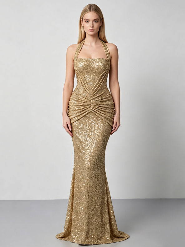 TWOTWINSTYLE Backless Ruched Spliced Sequins Tunic Design Dress
