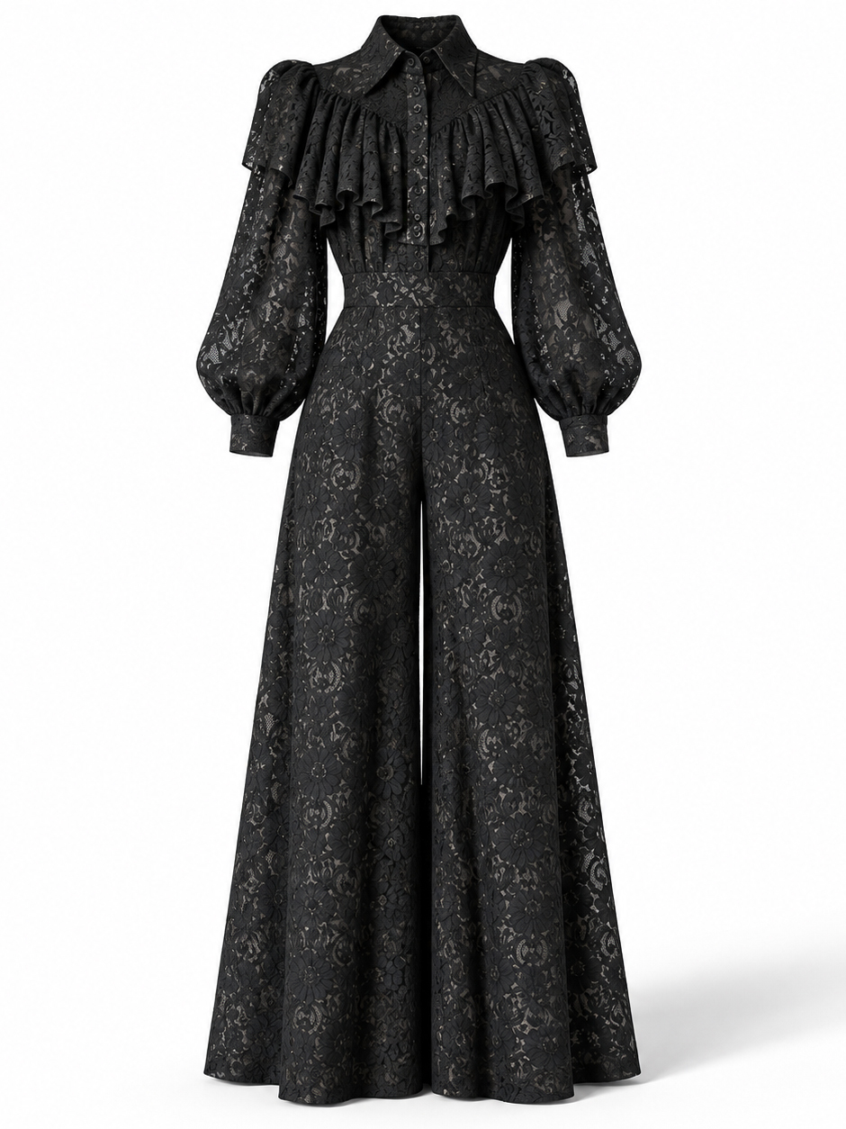 TWOTWINSTYLE Lapel Long Sleeve Spliced Ruffles Blouse Tunic Lace Pants Chic Set