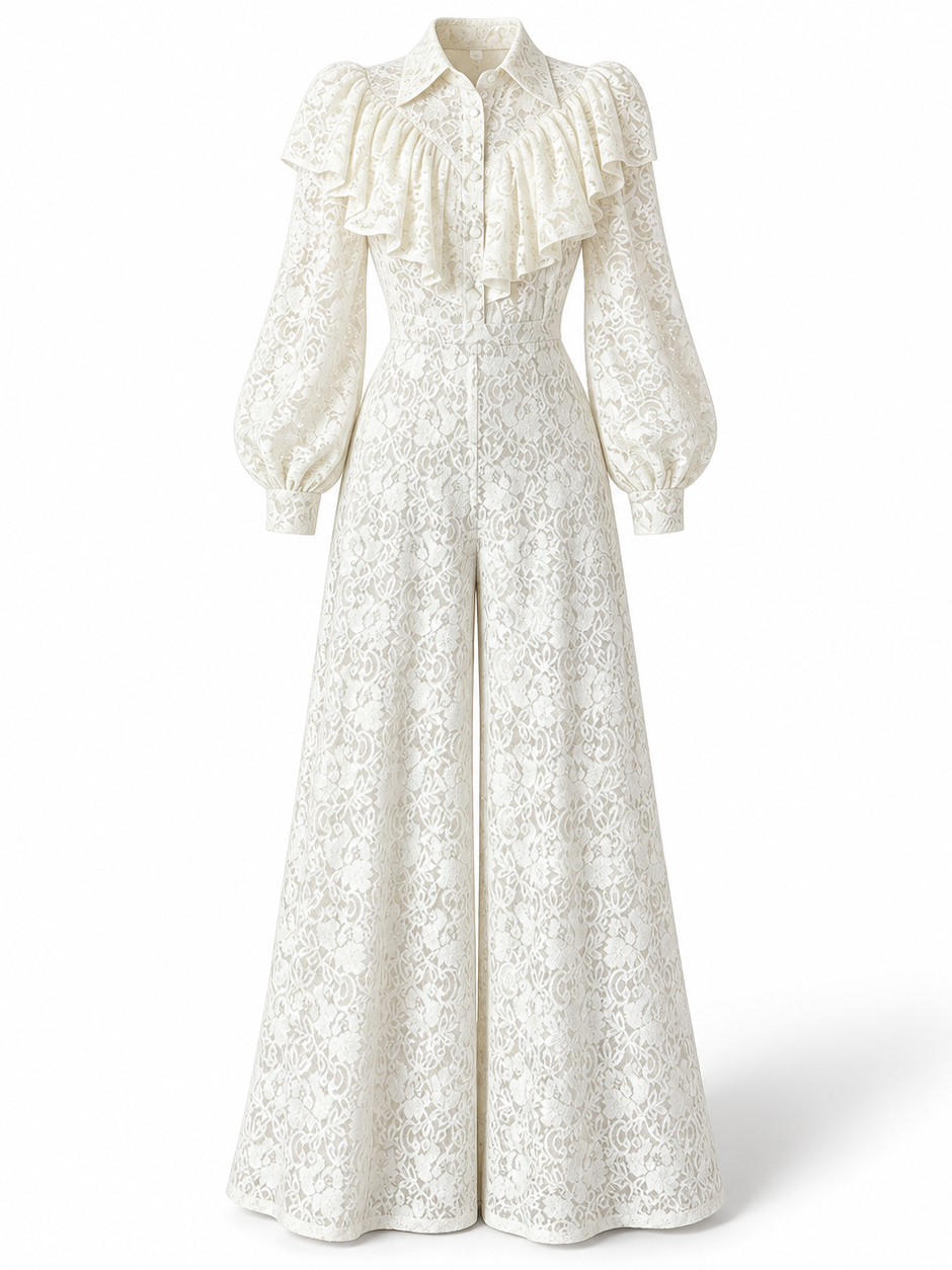 TWOTWINSTYLE Lapel Long Sleeve Spliced Ruffles Blouse Tunic Lace Pants Chic Set
