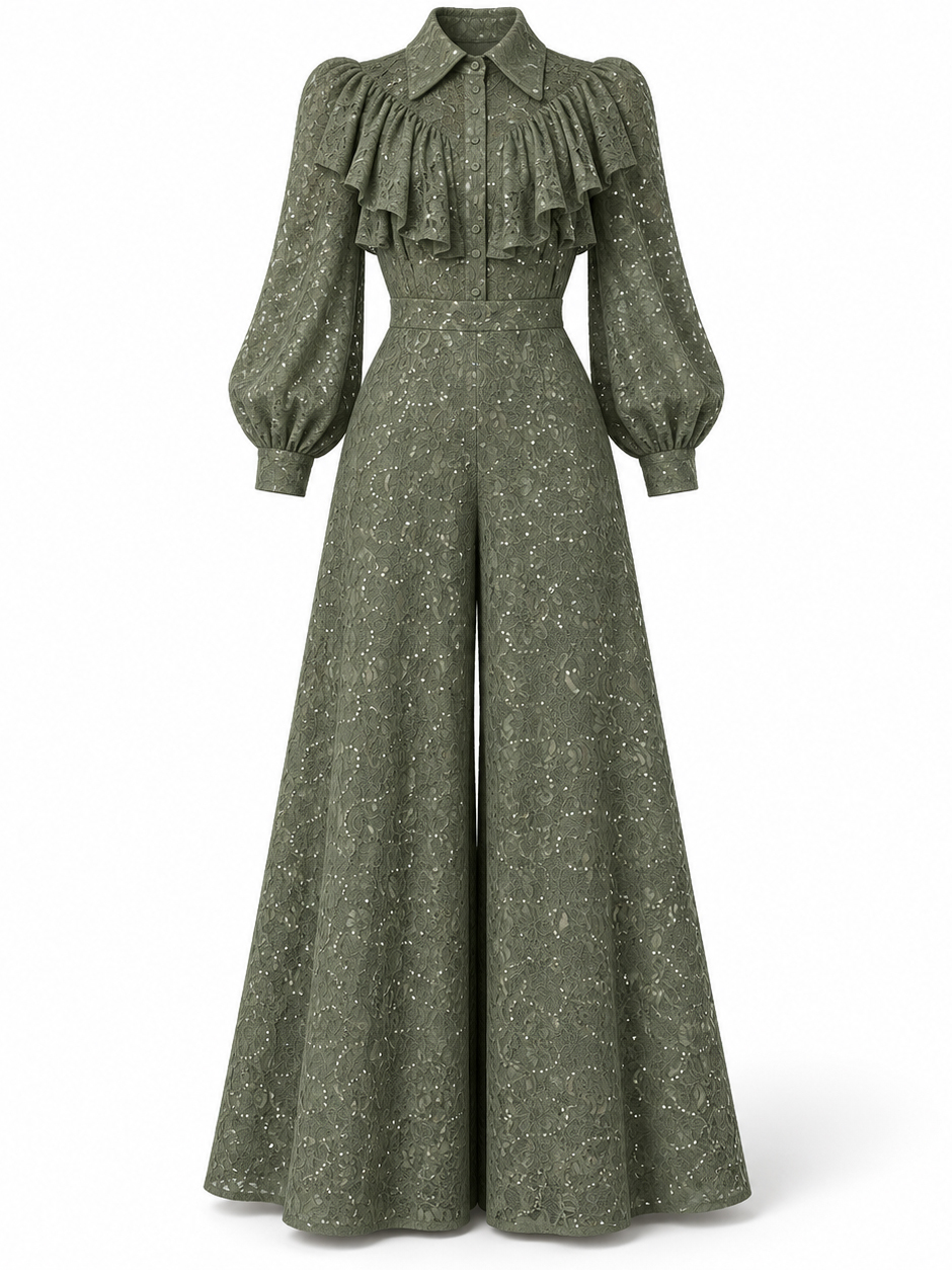 TWOTWINSTYLE Lapel Long Sleeve Spliced Ruffles Blouse Tunic Lace Pants Chic Set