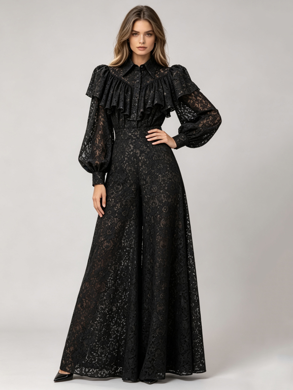 TWOTWINSTYLE Lapel Long Sleeve Spliced Ruffles Blouse Tunic Lace Pants Chic Set
