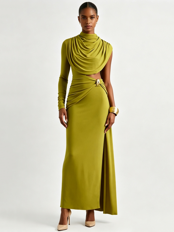 TWOTWINSTYLE Off One Shoulder Midriff Cutout Ruched Chic Dress
