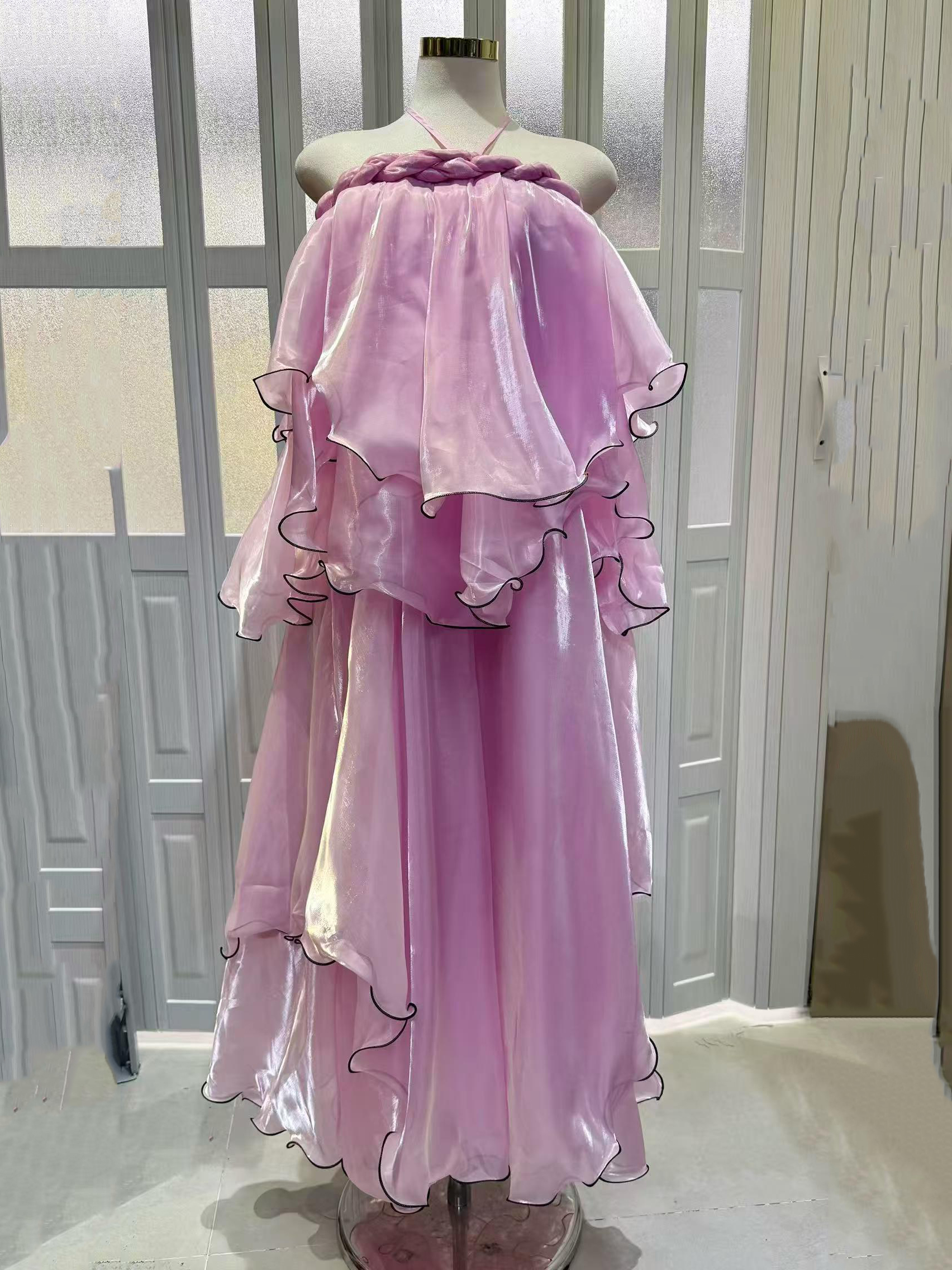 TWOTWINSTYLE Off Shoulder Spliced Knot Multi Layer Ruffle Elegant Dress