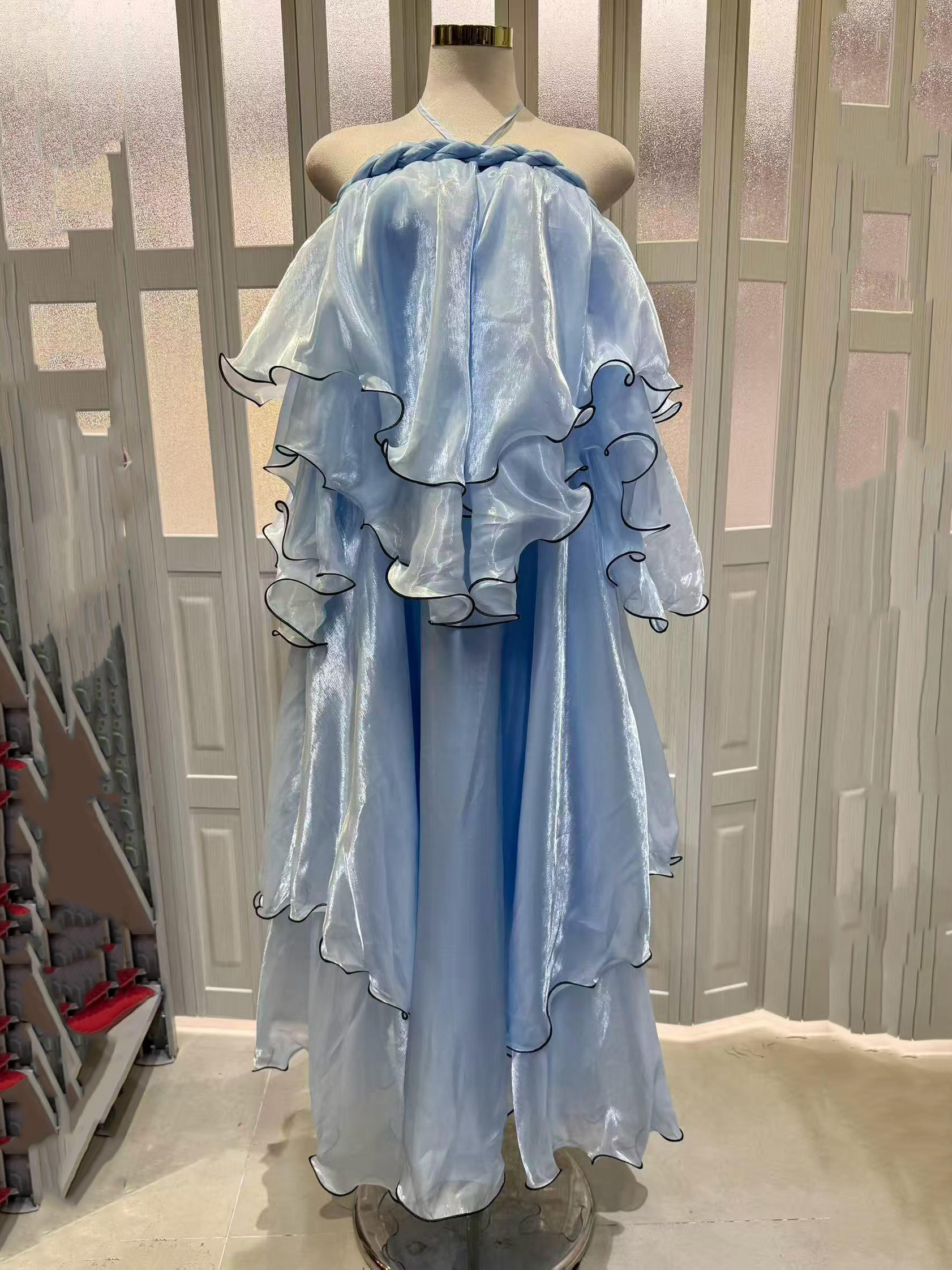 TWOTWINSTYLE Off Shoulder Spliced Knot Multi Layer Ruffle Elegant Dress