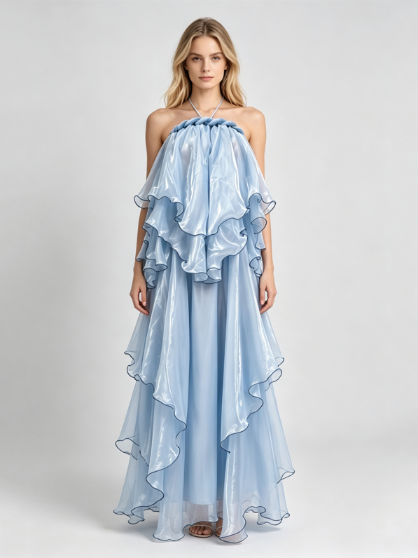 TWOTWINSTYLE Off Shoulder Spliced Knot Multi Layer Ruffle Elegant Dress
