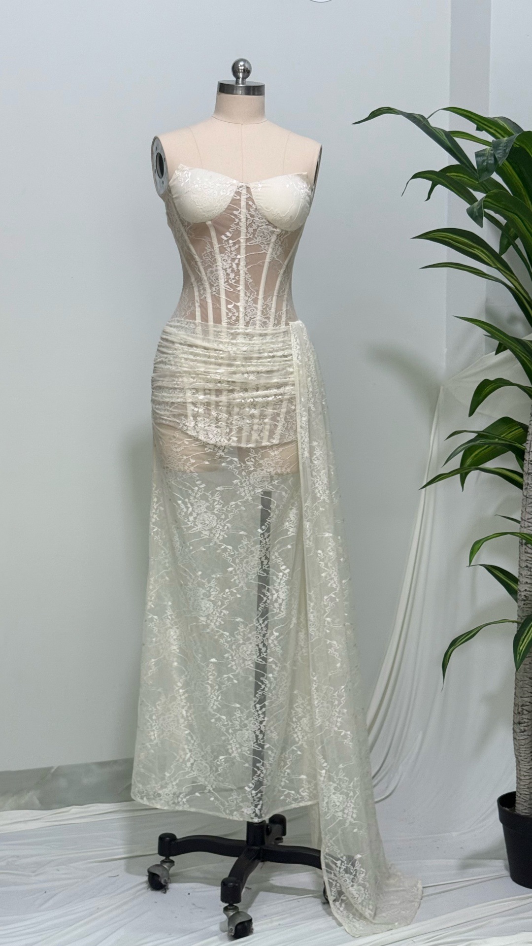 TWOTWINSTYLE Off Shoulder Tunic Patchwork Lace Up Elegant Dress