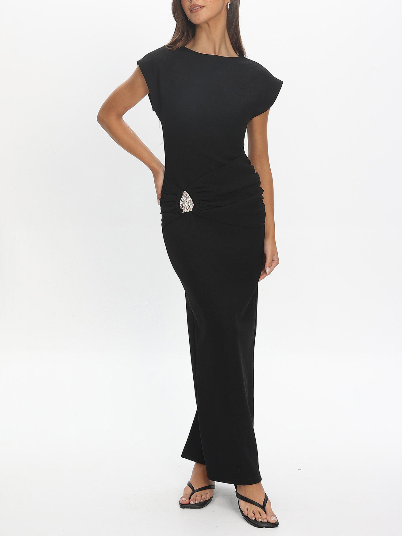 TWOTWINSTYLE Round Neck Patchwork Metal Buckle Chic Dress