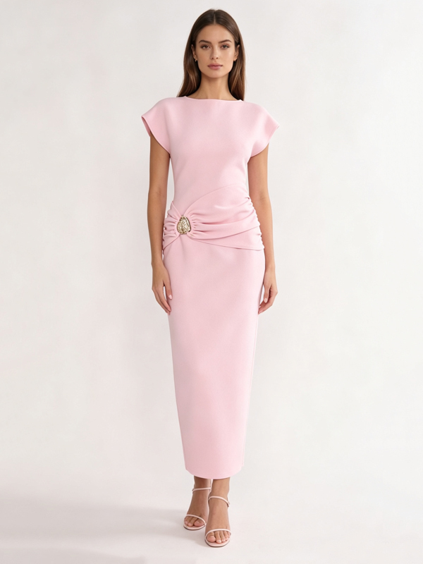 TWOTWINSTYLE Round Neck Patchwork Metal Buckle Chic Dress