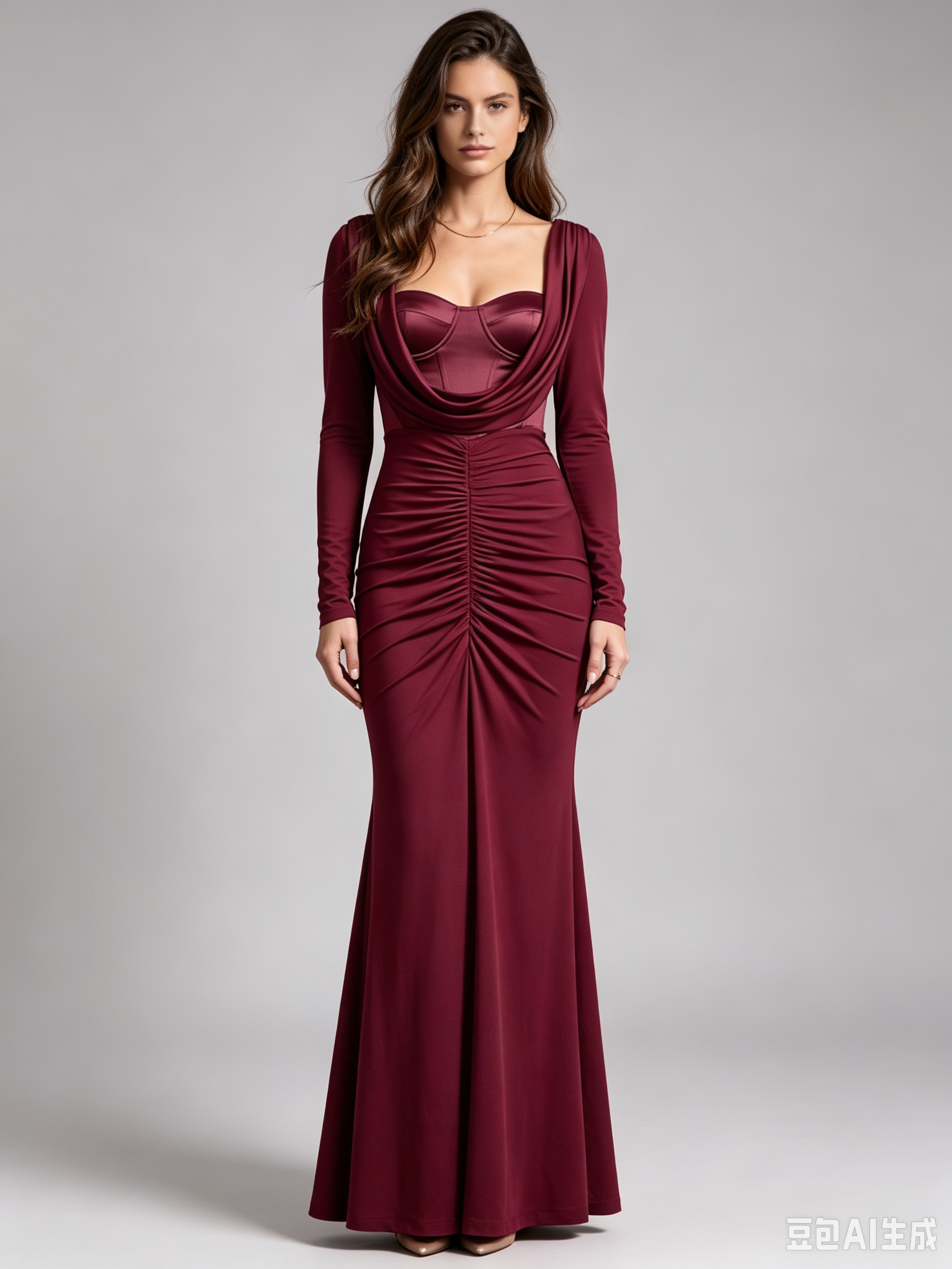 TWOTWINSTYLE Square Neckline Long Sleeve High Waist Pleated Design Dress