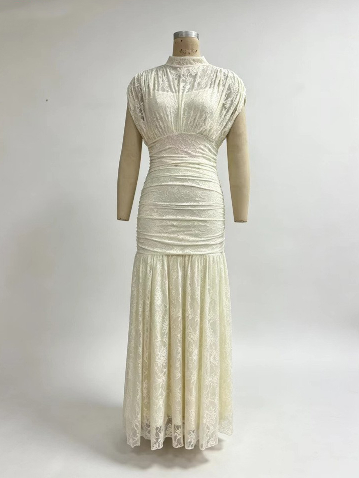 TWOTWINSTYLE Stand Collar Lace High Waist Pleated Elegant Dress
